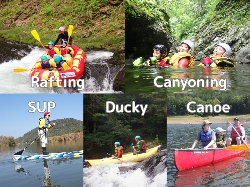 A collage of various water activities like rafting, canyoning, and ducky.