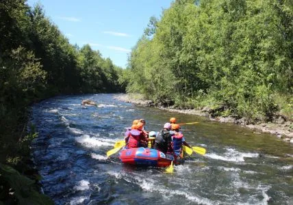 A team of rafters paddling together through exciting whitewater rapids.