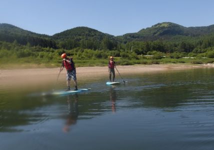 A group of people enjoying a SUP tour on a serene lake surrounded by lush green mountains.
