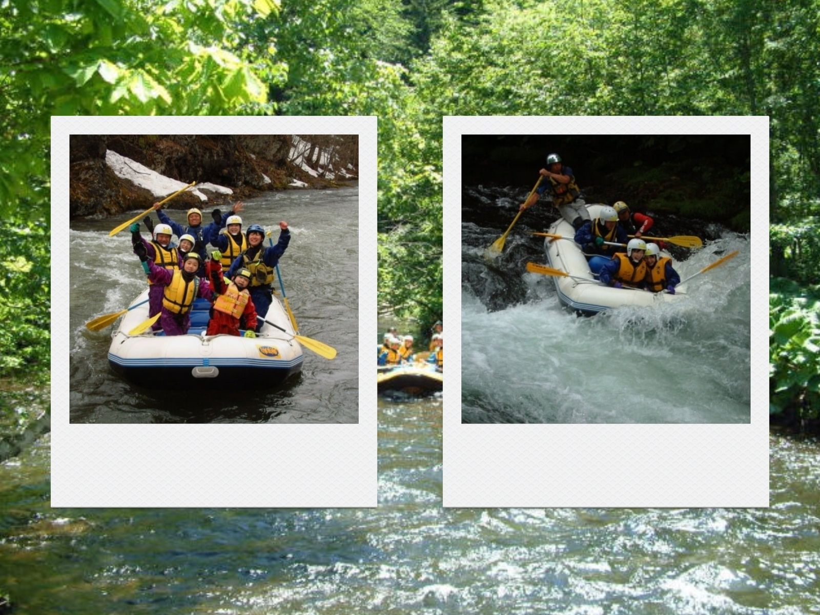 A vintage photo of an early Flying Dolphins rafting tour, showing the company's long history.