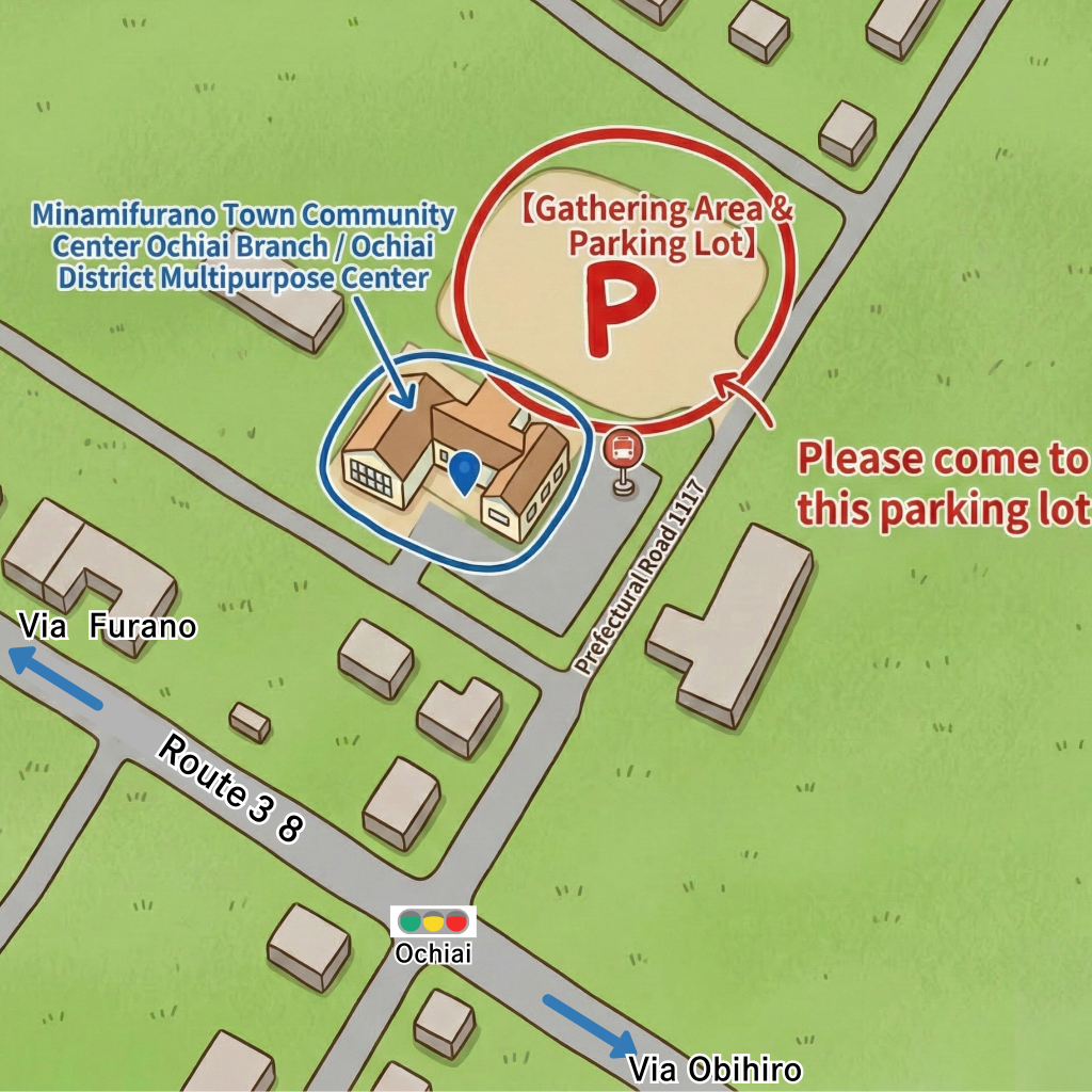 Illustrated map showing the Ochiai meeting point parking lot behind the Minamifurano Town Community Center.