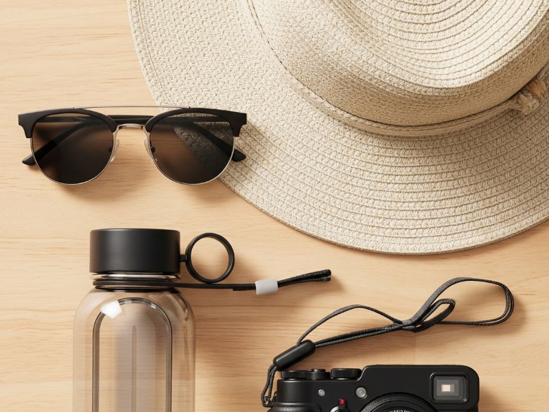 A life jacket, paddle, hat, and sunglasses.
