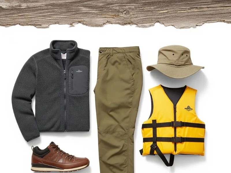 Comfortable outdoor clothing like a t-shirt, fleece, and long pants.