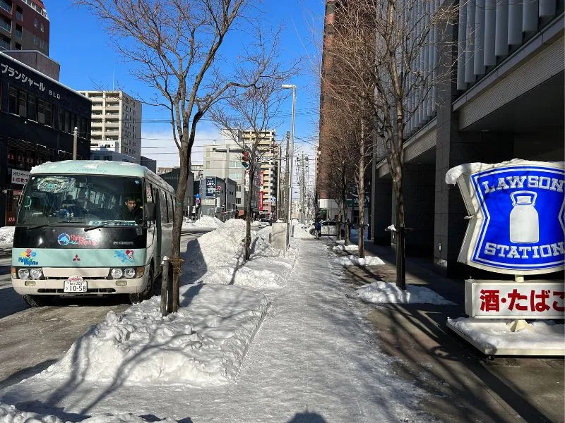 The Flying Dolphins tour van in a snowy Sapporo city scene.