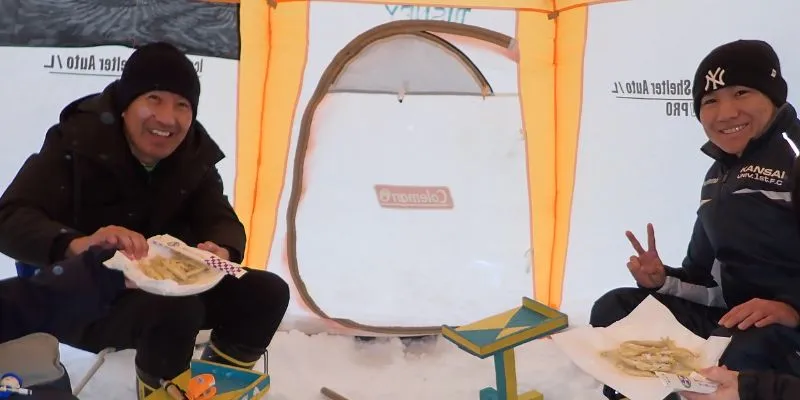 Ice fishing on Barato River near Sapporo.