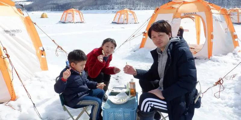 Ice fishing on Lake Kanayama in Furano.